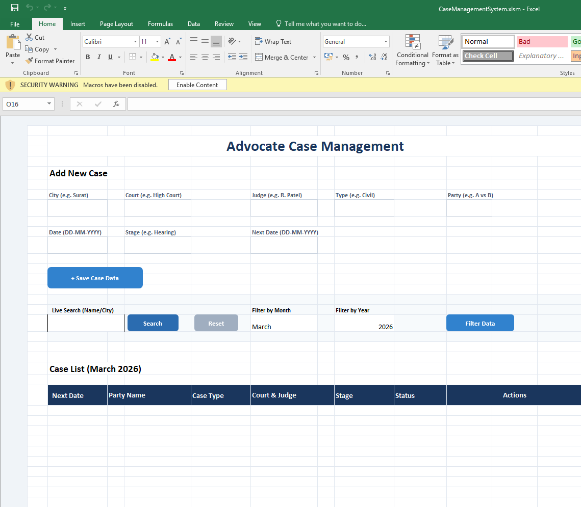 Lawyer case management Excel system